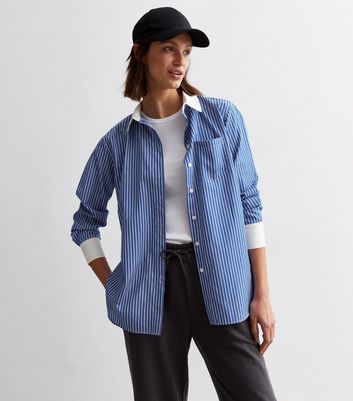 Blue Stripe Poplin Contrast Collar Shirt New Look