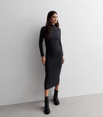 Dark Grey Stripe Ribbed High Neck Midi Dress 