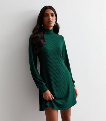 Dark Green Ribbed Jersey High Neck Mini Dress New Look
