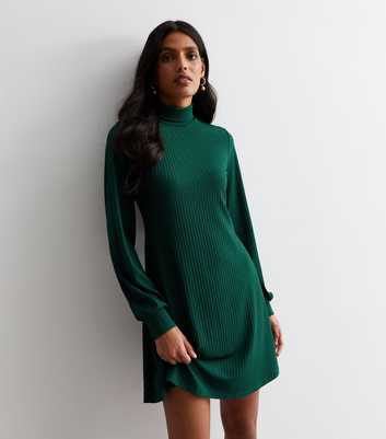 Dark Green Ribbed Jersey High Neck Mini Dress