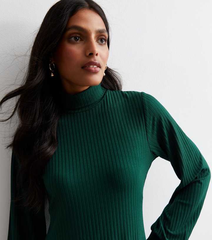 Dark Green Ribbed Jersey High Neck Mini Dress