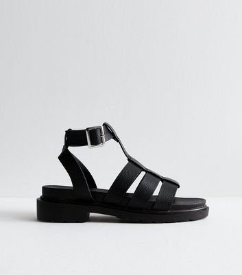 Black Leather Look Multi Strap Chunky Sandals New Look