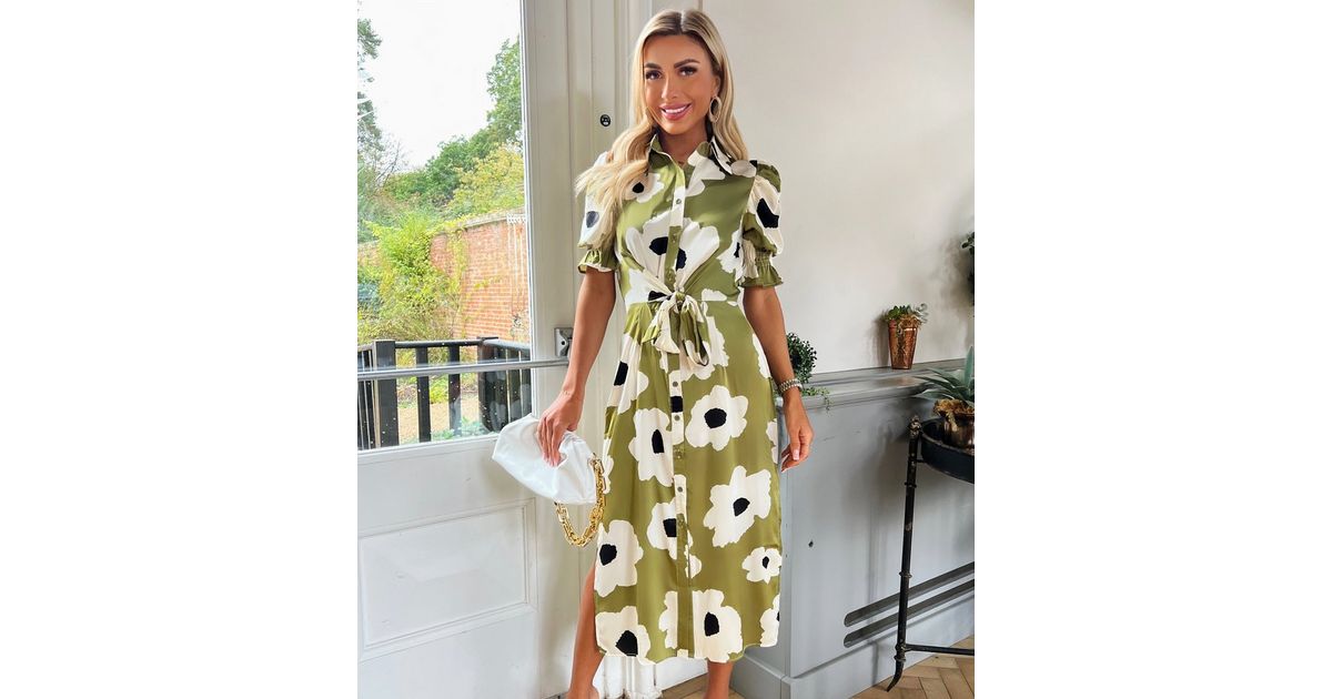 AX Paris Olive Floral Tie Front Midi Shirt Dress | New Look