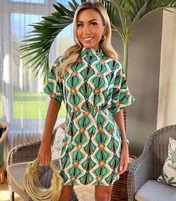 AX Paris Green Abstract Print High Neck Mini Dress