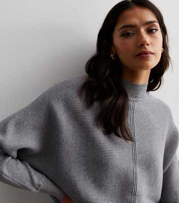 Grey Ribbed Batwing Stand Neck Jumper