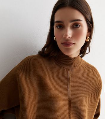 Tan Ribbed Batwing Stand Neck Jumper New Look