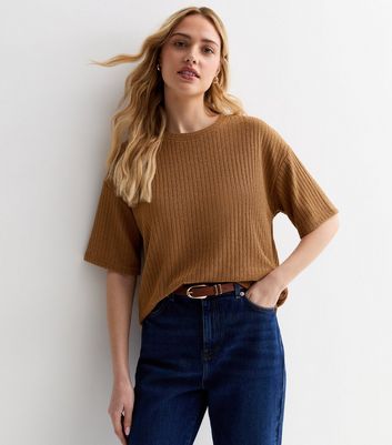 Tan Ribbed Knit T-Shirt | New Look