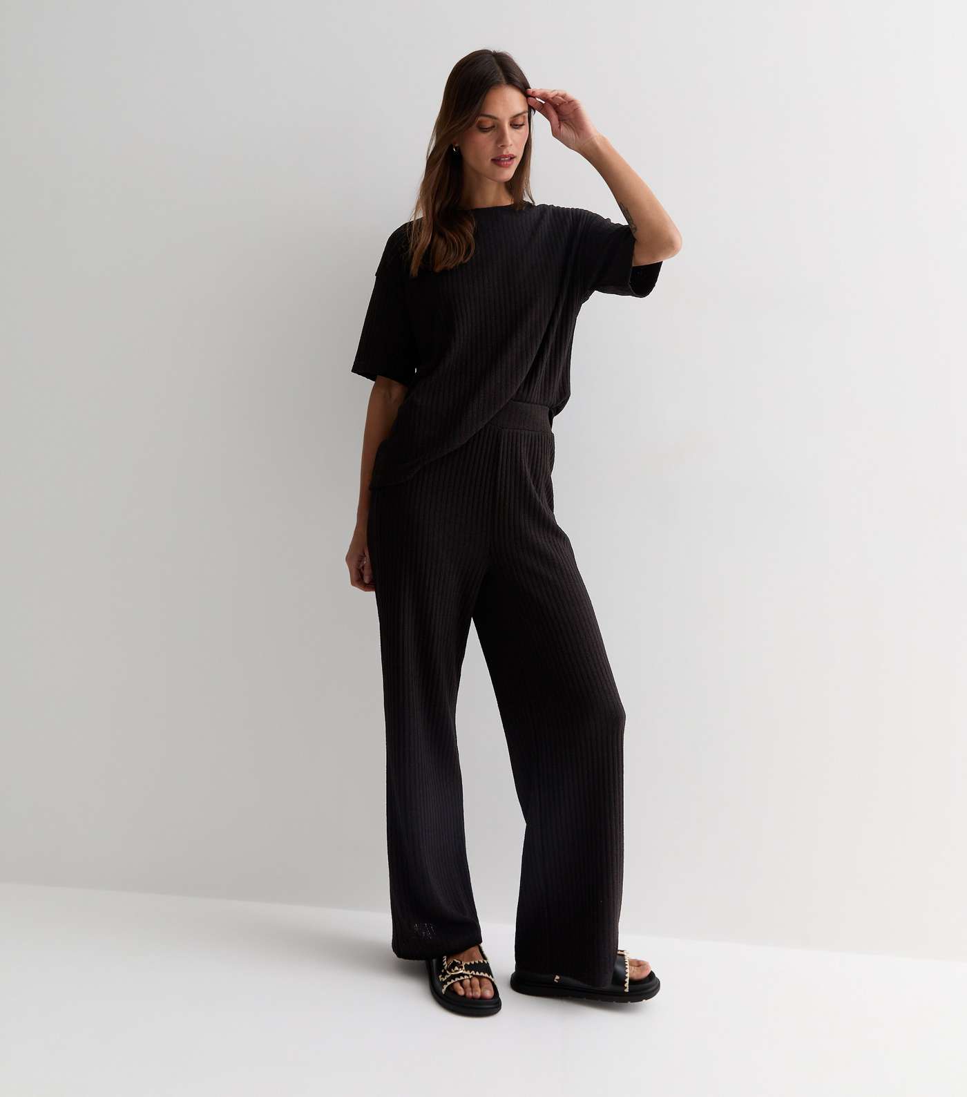 Black Ribbed Knit Trousers Image 3