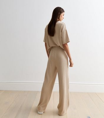 Cream Ribbed Knit Trousers New Look