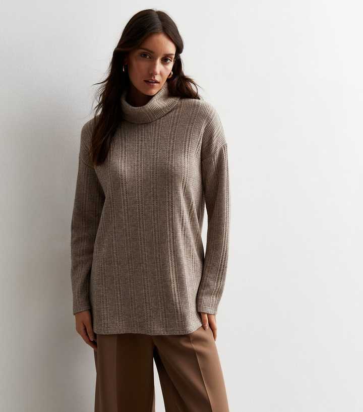 Mink Textured Fine Knit Roll Neck Longline Jumper