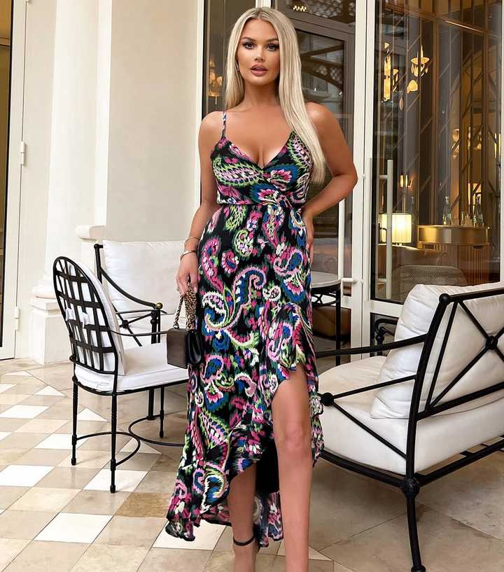 princess polly baby blue dress Gini London Beige Geo Print Assymetric Hem Wrap Midi Dress main image 0