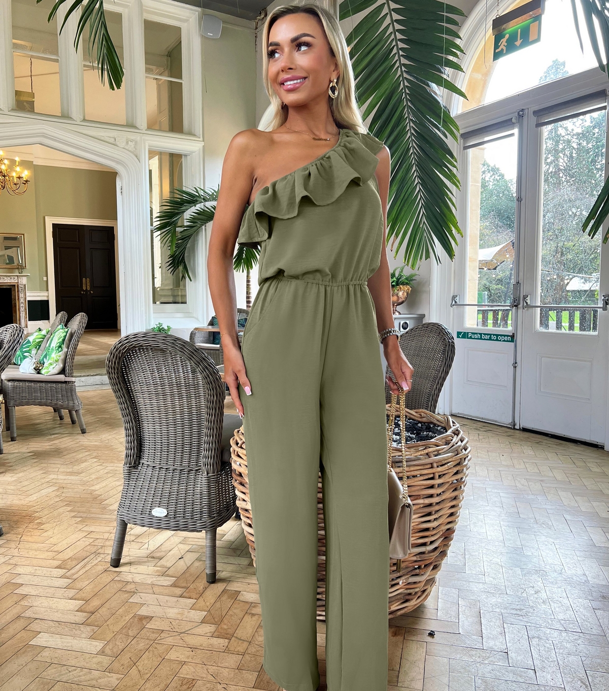 Women's Khaki Frill One Shoulder Jumpsuit AX Paris New Look