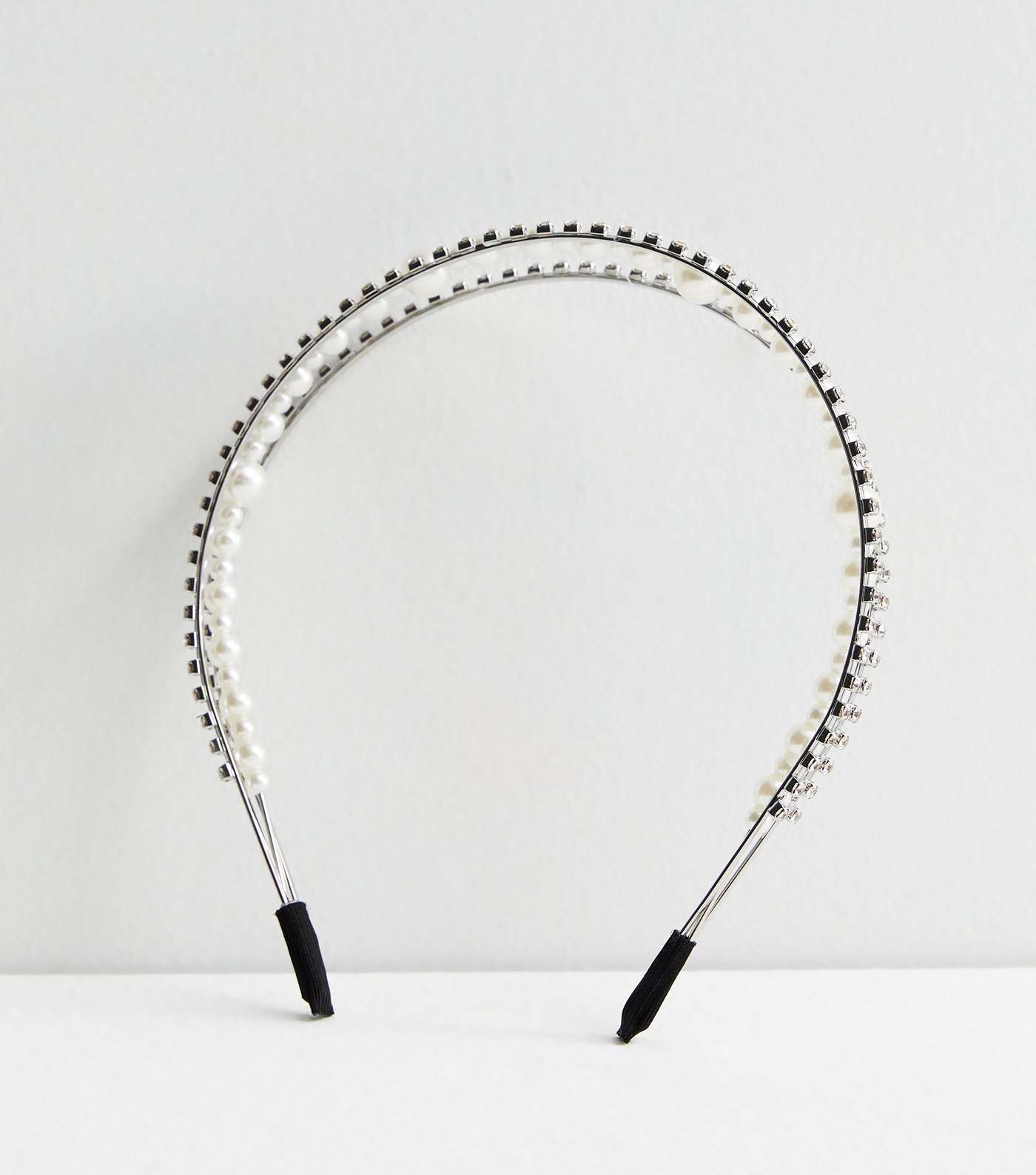Silver Triple Row Diamanté and Faux Pearl Headband Image 2