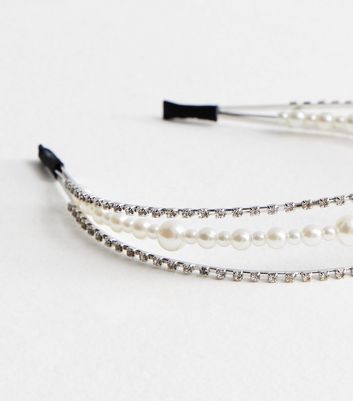 Silver Triple Row Diamante and Faux Pearl Headband New Look