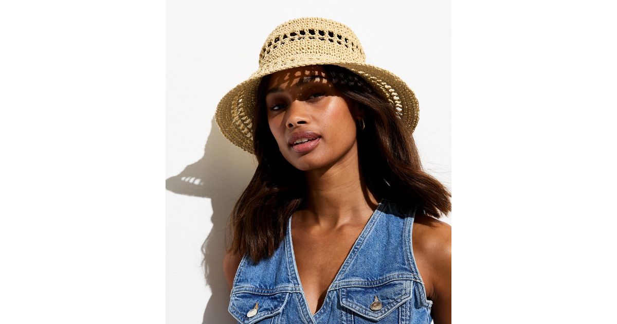 Stone Straw Effect Crochet Packable Bucket Hat New Look