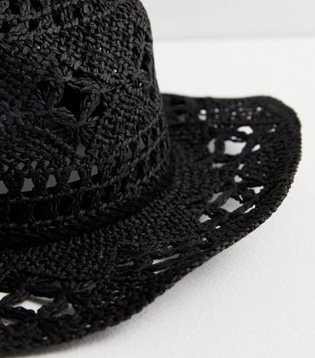 Black Straw Effect Crochet Cowboy Hat New Look