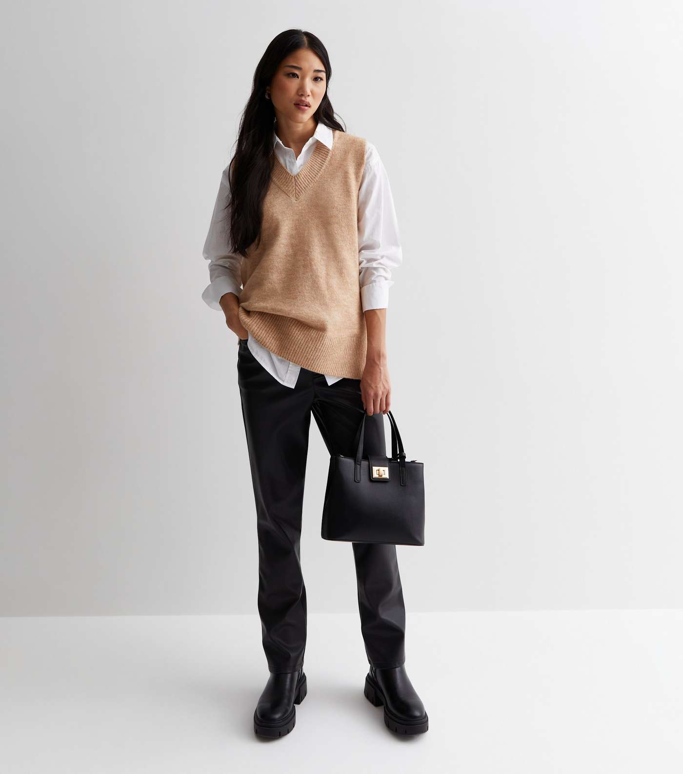 New Look relaxed fit cable knit vest in camel