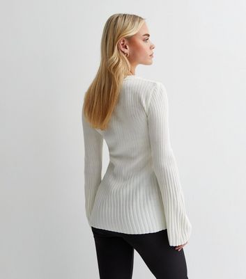 Petite Off White Ribbed Knit Flared Sleeve Jumper New Look
