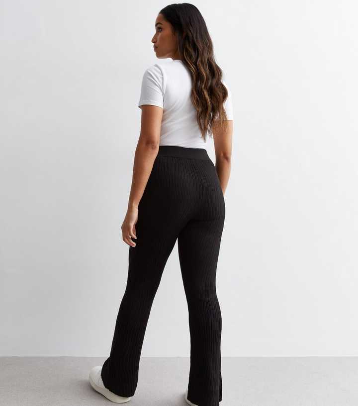 Petite Black Ribbed Flare Trousers