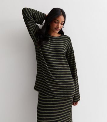 Green Stripe Textured Knit Long Sleeve Top New Look