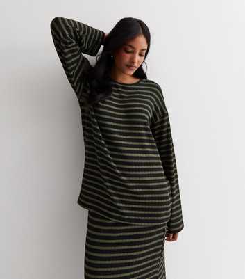 Green Stripe Textured Knit Long Sleeve Top