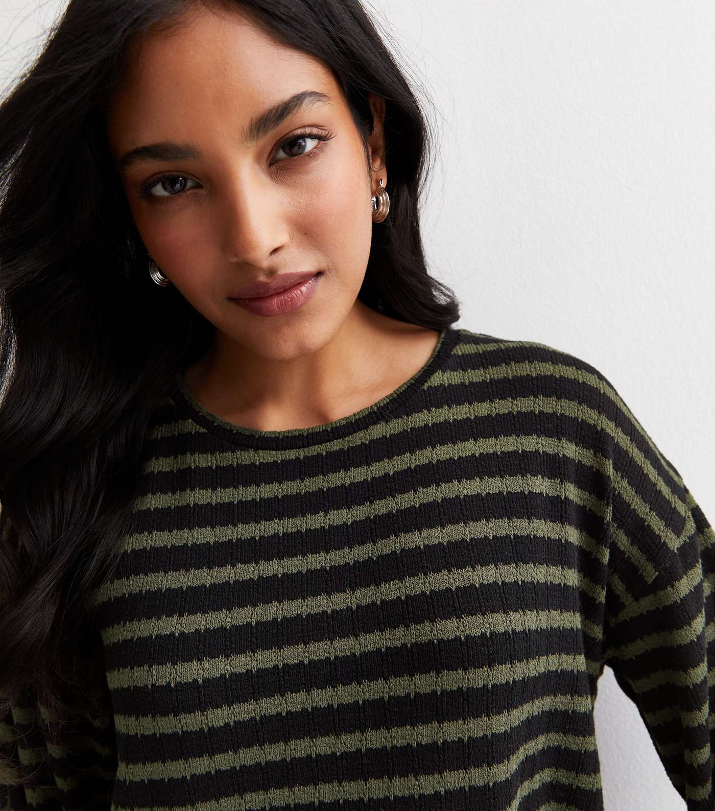 Green Stripe Textured Knit Long Sleeve Top Image 2