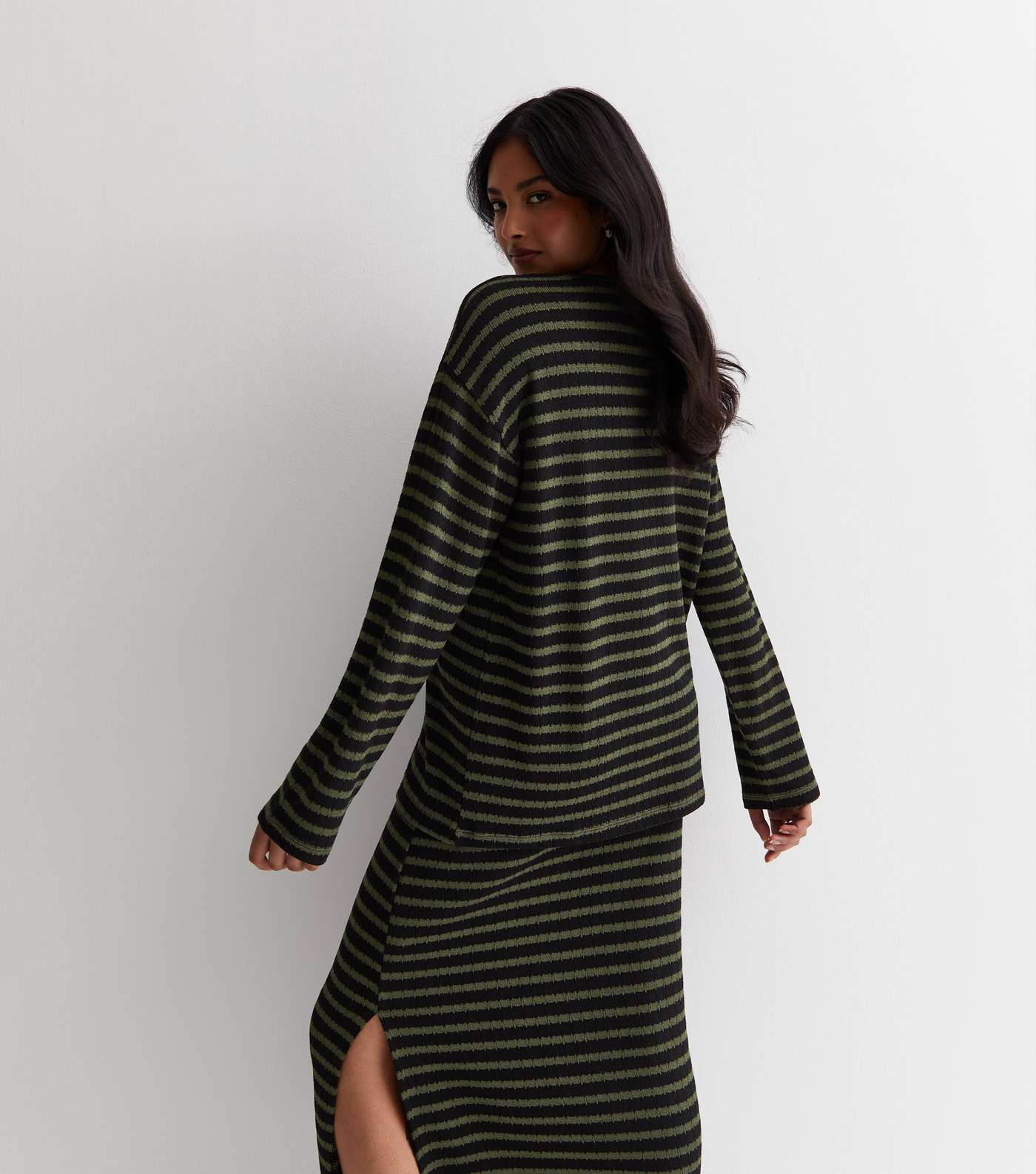 Green Stripe Textured Knit Long Sleeve Top Image 4