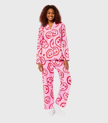 Skinnydip Mid Pink Trouser Pyjama Set with Happy Face Print New Look