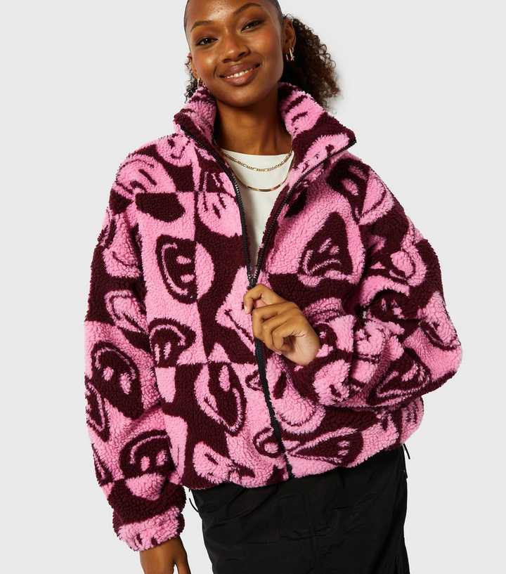 Skinnydip Mid Pink Happy Face Print Fleece Jacket