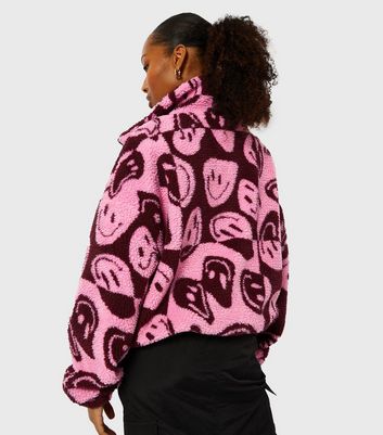 Skinnydip Mid Pink Happy Face Print Fleece Jacket New Look