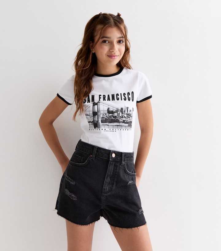 Girls Black Denim Ripped Mom shorts