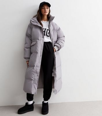 Long silver puffer store coat