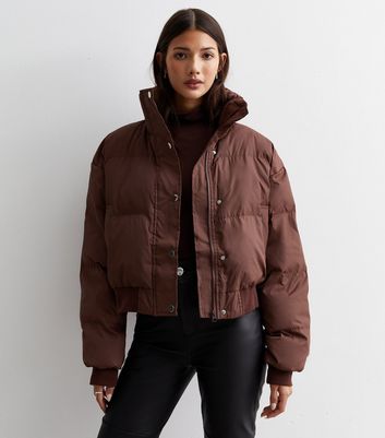 Gini London Dark Brown High Neck Crop Puffer Jacket New Look