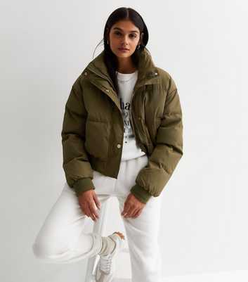 Gini London Olive High Neck Crop Puffer Jacket
