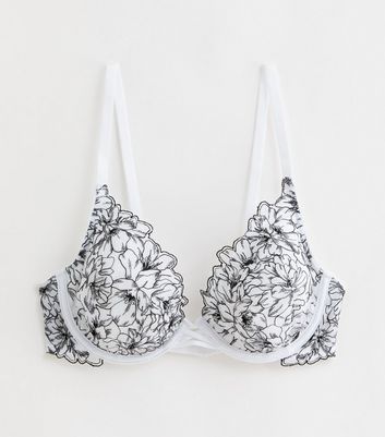White Floral Print Embroidered Non Padded Bra New Look