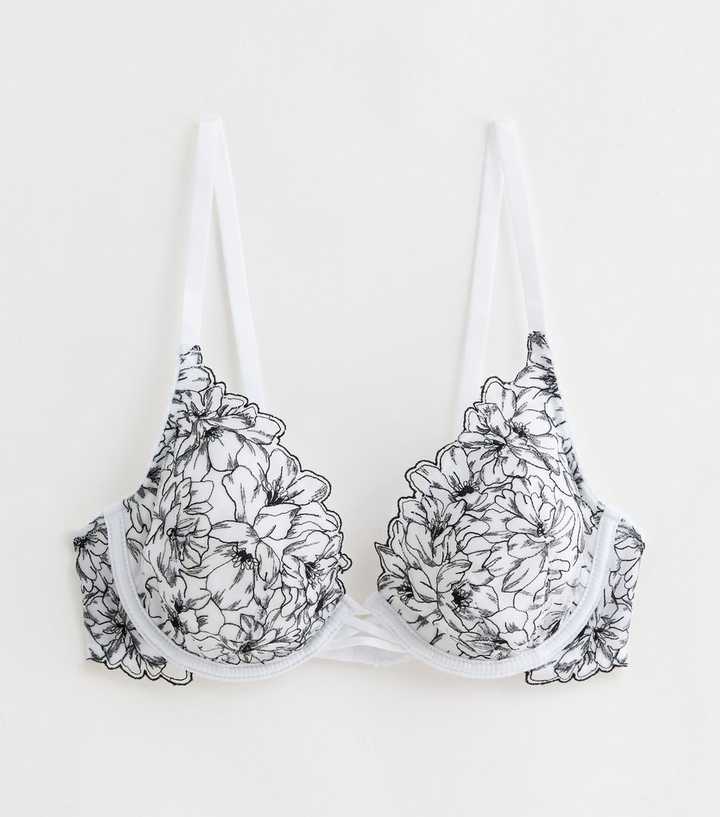 White Floral Print Embroidered Non Padded Bra