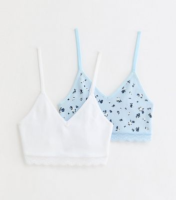 Girls 2 Pack Pale Blue Floral and White Lace Trim Crop Tops New Look