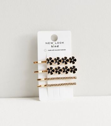 4 Pack Black Flower and Diamanté Hair Grips New Look