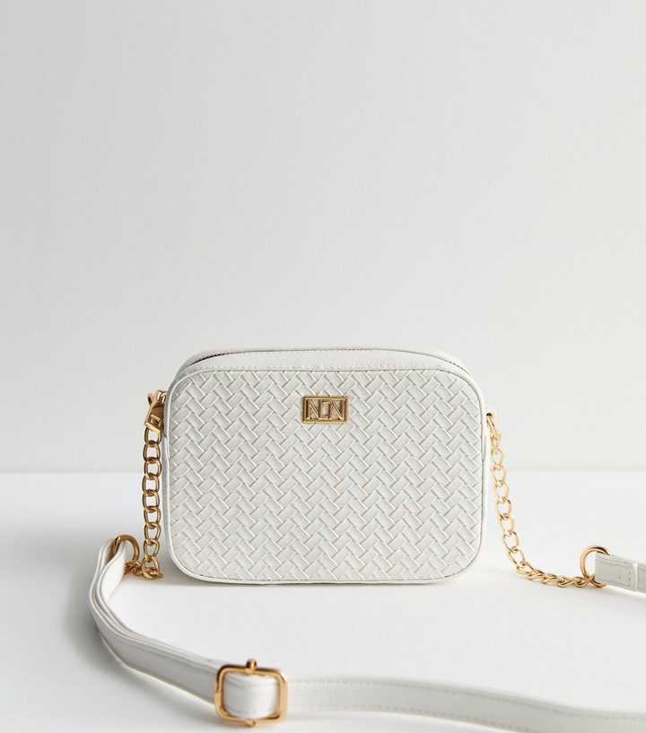 White Leather-Look Embossed Weave Camera Cross Body Bag