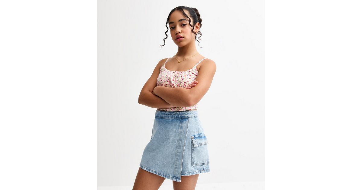 Girls Pale Blue Denim Wrap Front Skort New Look