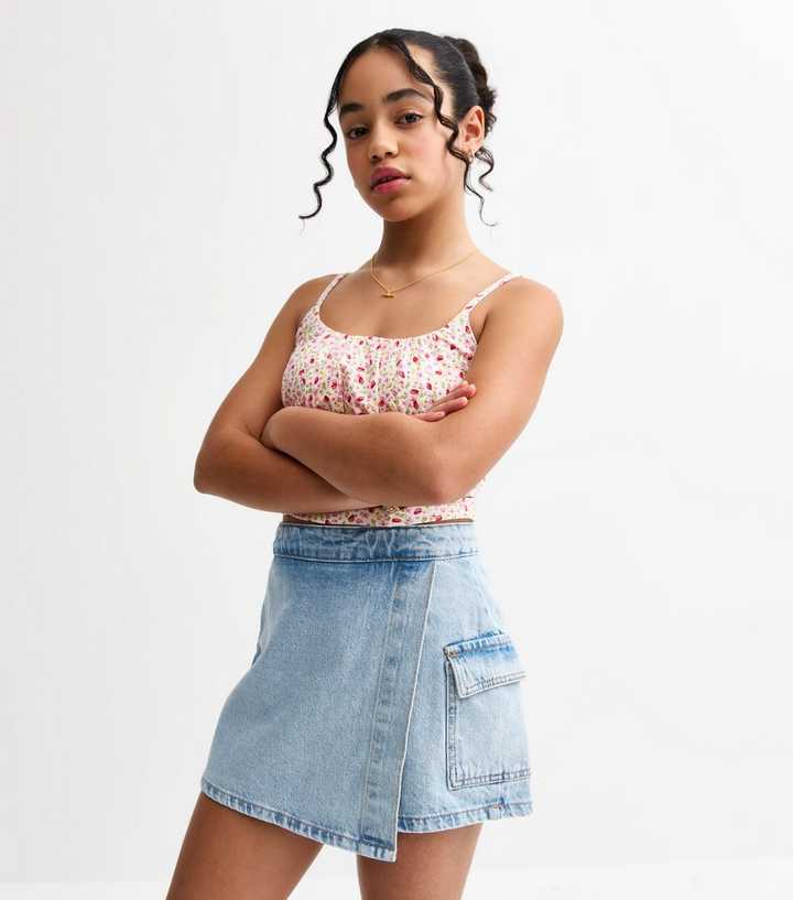 Girls Pale Blue Denim Wrap Front Skort