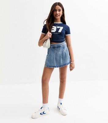 Girls Blue Denim Pleated Skort New Look