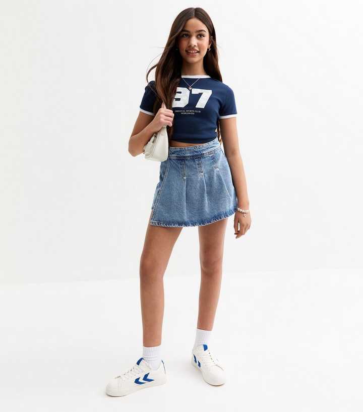 Girls Blue Denim Pleated Skort