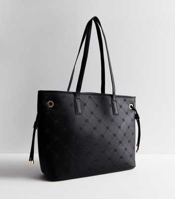 Black Leather-Look Debossed Tote Bag
