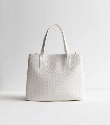 White Leather-Look Woven cross Body Tote Bag New Look