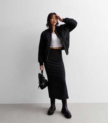 Black Jersey Split Hem Midi Skirt