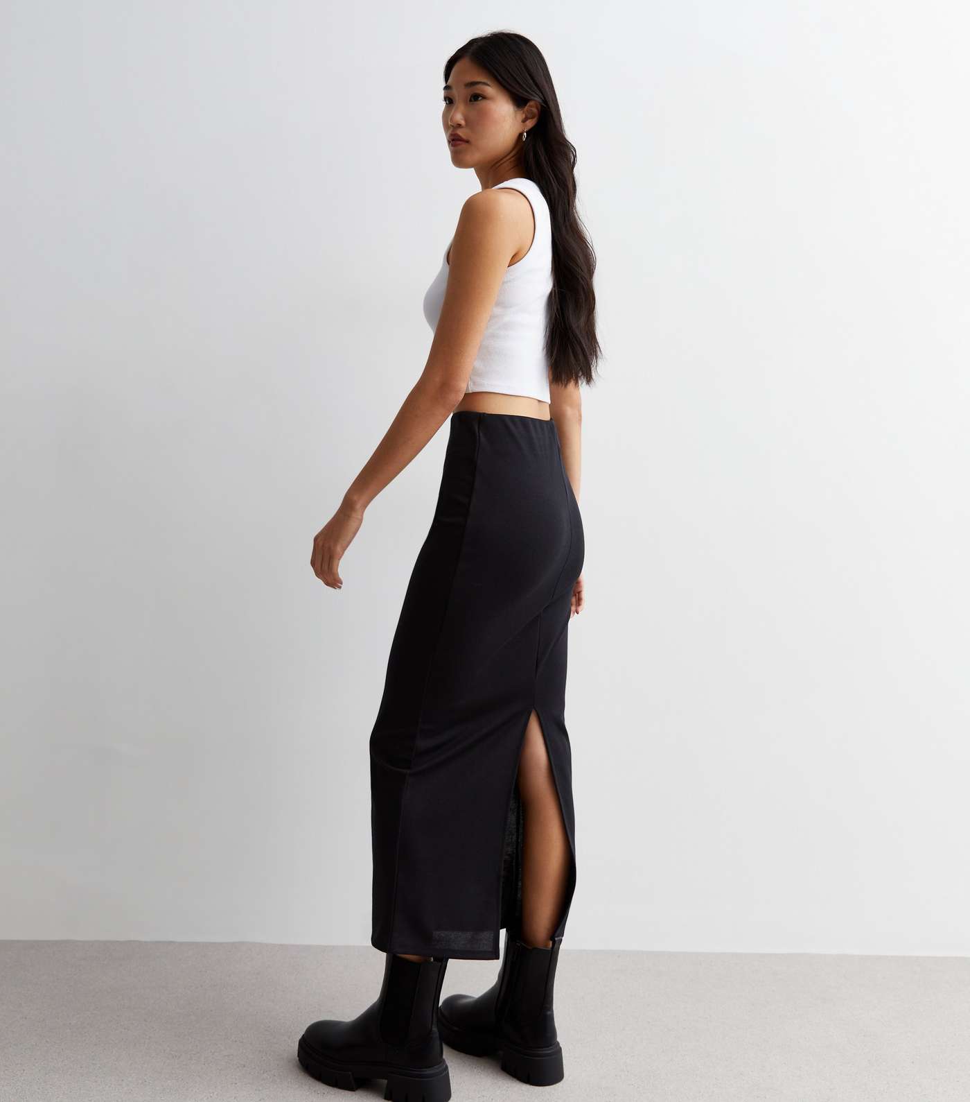 Black Jersey Split Hem Midi Skirt Image 4