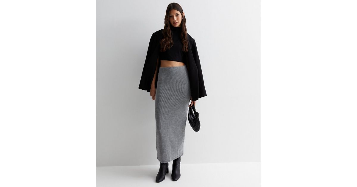 Grey Ribbed Jersey Midi Skirt | New Look