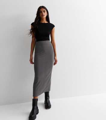 Grey Ribbed Jersey Midi Skirt