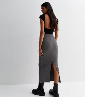 Grey Ribbed Jersey Midi Skirt New Look